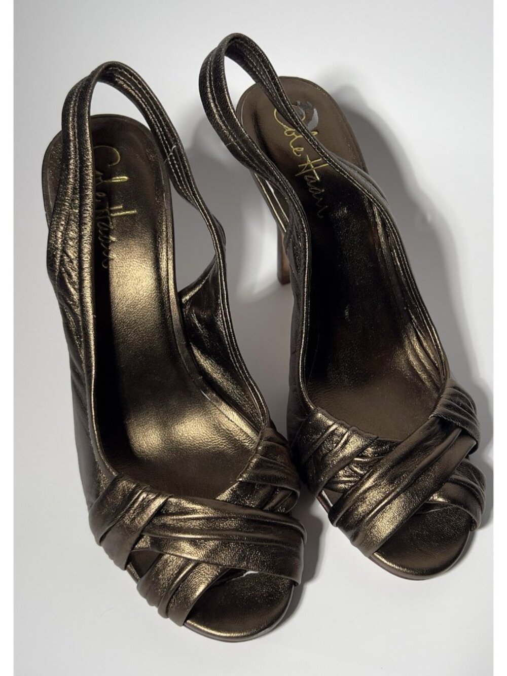 Cole Haan Bronze Metallic Leather Slingback Heels Women’s 7B Peep Toe